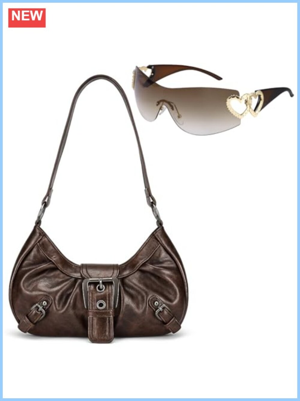 Y2K Faux Leather Hobo Shoulder Bag Sunglasses Set Trendy Purse